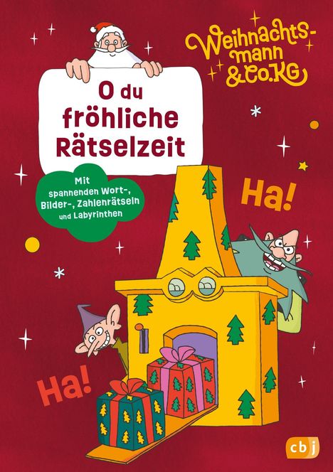 „O du fröhliche Rätselzeit“, Illustration mit Weihnachtsmann, Geschenken und elfhaften Figuren vor einem gelben Kamin.