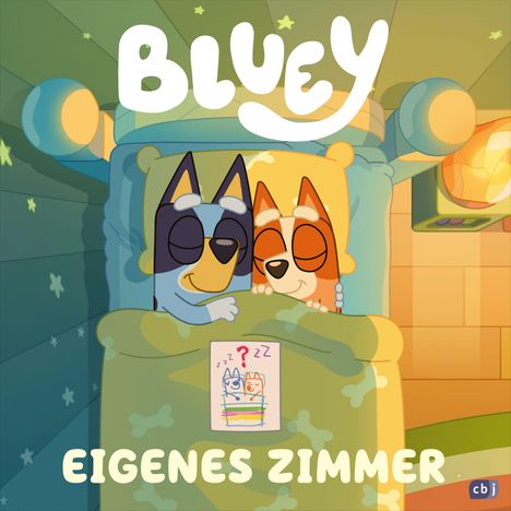 "Bluey" und "Eigenes Zimmer" sind in großen Buchstaben geschrieben. Zwei Cartoon-Hunde schlafen friedlich im Bett.