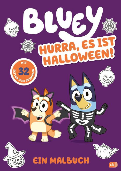 „Bluey: Hurra, es ist Halloween! Ein Malbuch mit 32 Seiten zum Ausmalen.“ Zwei Comic-Hunde in Kostümen.