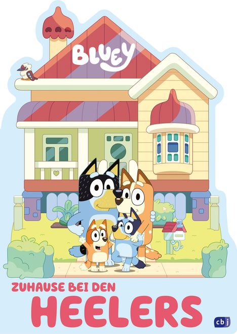 "Bluey" und "Zuhause bei den Heelers" in großer Schrift. Eine fröhliche Hunde-Familie steht vor einem bunten Haus.