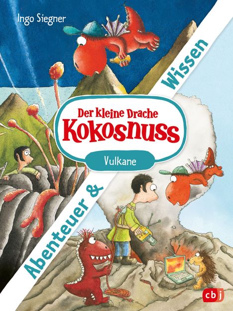 Titel: „Der kleine Drache Kokosnuss“, Wissen & Abenteuer, Vulkane. Illustration: Drachen und Personen an Vulkanen.