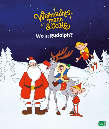 "Weihnachtsmann & Co. KG. Wo ist Rudolph?" Illustration mit Weihnachtsmann, Rentier und Elfen in verschneiter Landschaft.