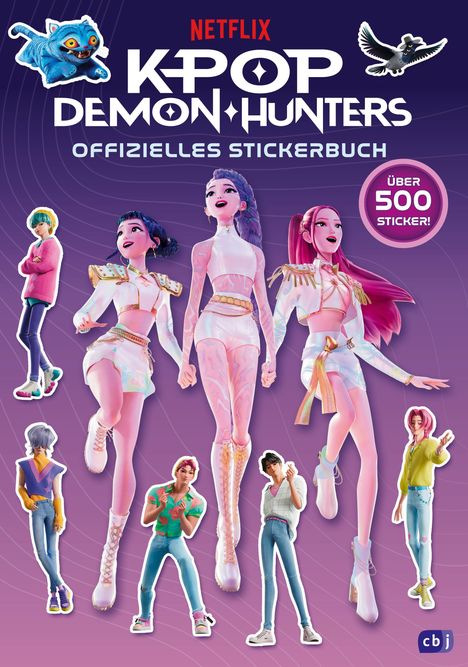 Eine Netflix-Illustration zeigt "K-Pop Demon Hunters" mit mehreren bunten, animierten Charakteren und über 500 Stickern.