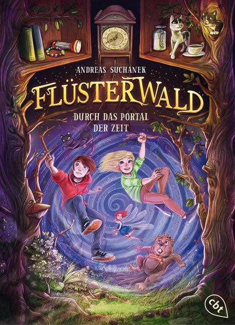 Text: "Andreas Suchanek, Flüsterwald, Durch das Portal der Zeit". 
Illustration: Kinder und magische Wesen vor einem Zeitportal.