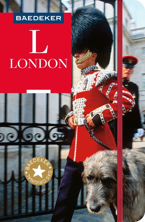 "London", "BAEDEKER". Illustration eines Wachmanns in roter Uniform mit Bärenfellmütze und großem Hund an der Leine.
