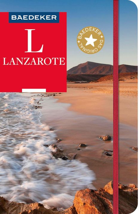Reiseführer "BAEDEKER LANZAROTE" mit Strandmotiv, Meer im Vordergrund, Berge im Hintergrund.