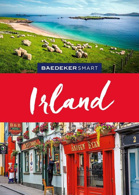 Text: "Irland", darunter eine grüne Wiese mit Schafen am Meer und unten eine bunte Straßenszene mit Pub.