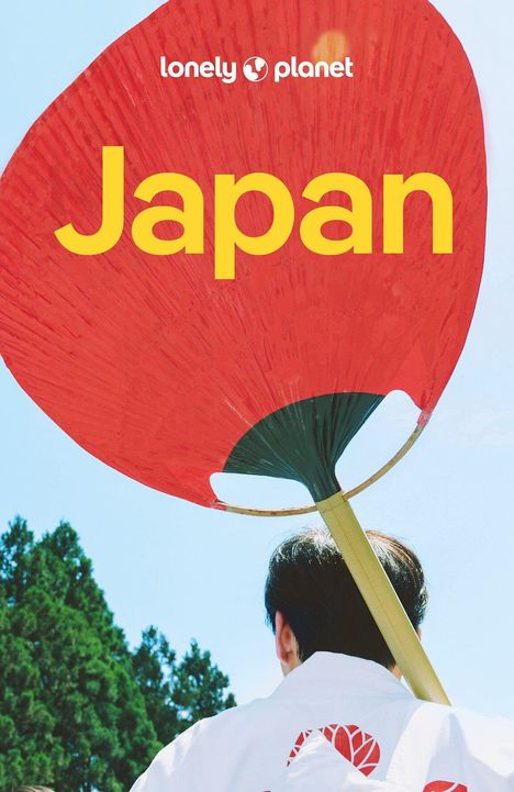 Text: "Japan" in gelber Schrift, darüber das Logo von Lonely Planet. Person mit rotem Fächer vor blauem Himmel und Bäumen.