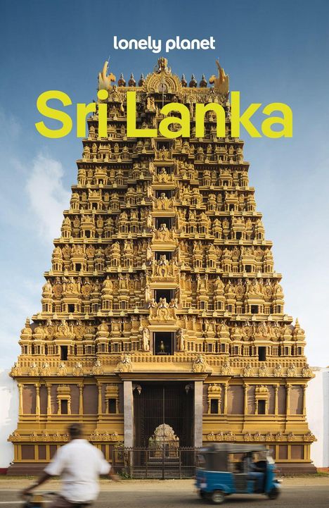 Text: "lonely planet", "Sri Lanka". Goldener Tempel, detailreich verziert. Blaues Dreirad und Mann auf Fahrrad im Vordergrund.