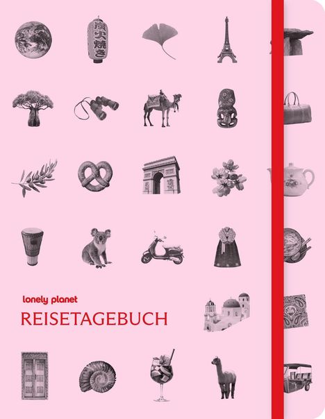"lonely planet REISETAGEBUCH" in Rot. Symbole wie Erde, Eiffelturm, Kamel, Koala, Vespa, Architekturen und Kulturgüter. Rosa Hintergrund.
