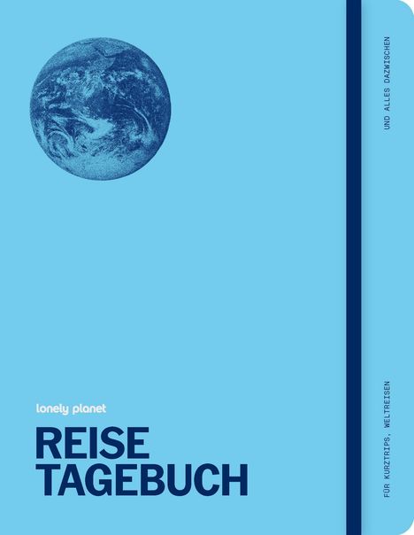 "lonely planet REISETAGEBUCH" Text auf blauem Hintergrund, Illustration einer Weltkugel oben links.