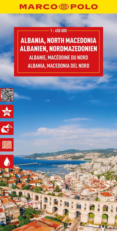 „ALBANIA, NORTH MACEDONIA, ALBANIEN, NORDMAZEDONIEN“ über einem Küstenpanorama mit Stadt und antikem Aquädukt.