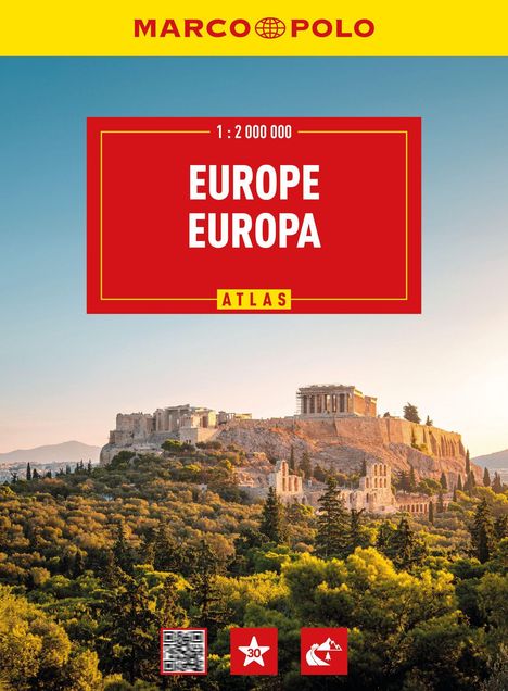"EUROPE EUROPA ATLAS" in großem Text, darunter die Akropolis in Athen bei Sonnenuntergang.