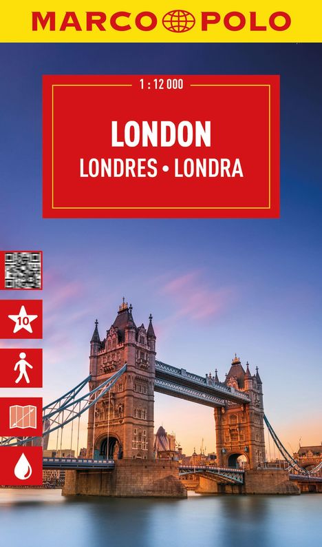 "London 1:12 000, Londres, Londra." Oben gelbes Logo "Marco Polo". Eiffelturm-Illustration über Wasser.