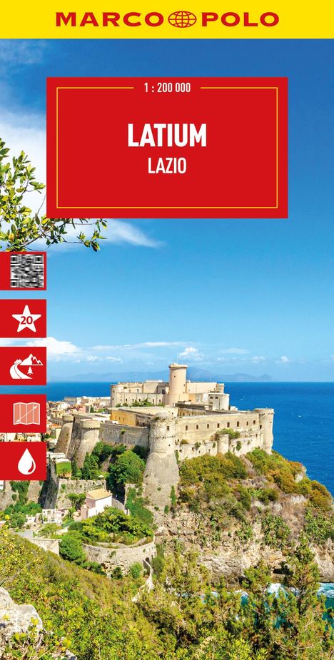 Oben „Marco Polo“, unten eine Küstenfestung in Lazio, Italien vor blauem Himmel und Meer.
