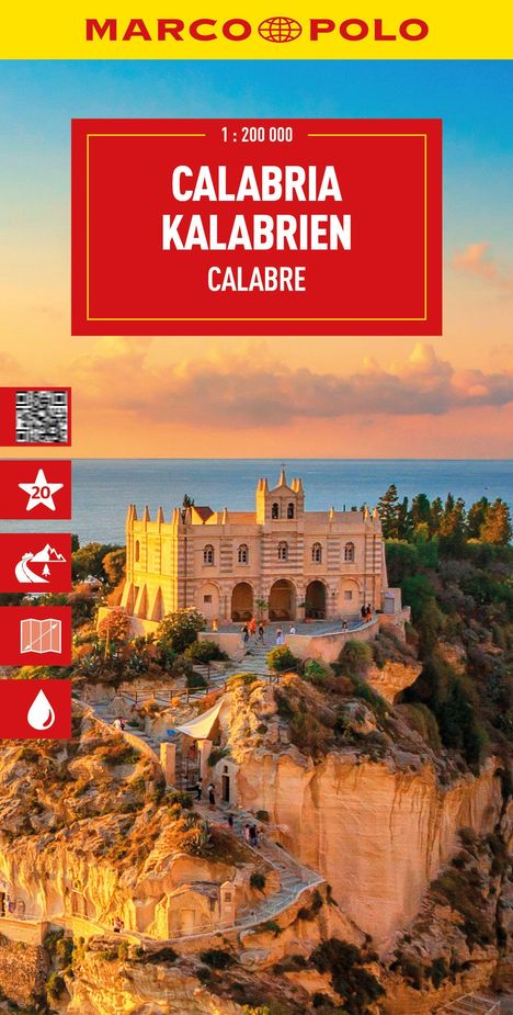 Text: "Calabria Kalabrien Calabre 1:200 000". Oben gelbes Logo. Szene mit Küstengebäude bei Sonnenuntergang. Symbole: Stern, Berg, Karte, Tropfen.