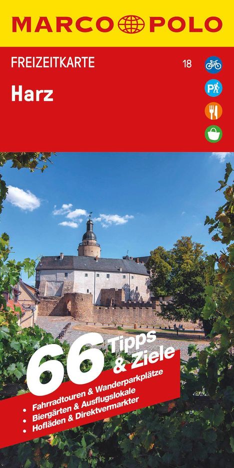 MARCO POLO Freizeitkarte Harz. 66 Tipps & Ziele für Fahrradtouren, Biergärten. Abbildung einer Burg vor blauem Himmel.