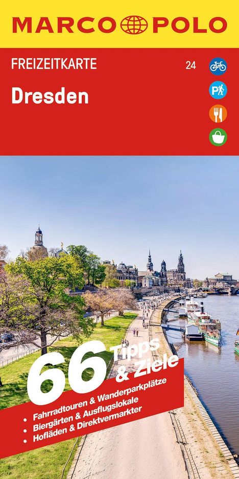 "Freizeitkarte Dresden. 66 Tipps & Ziele: Fahrradtouren, Biergärten, Hofläden. Im Hintergrund eine Stadtansicht."
