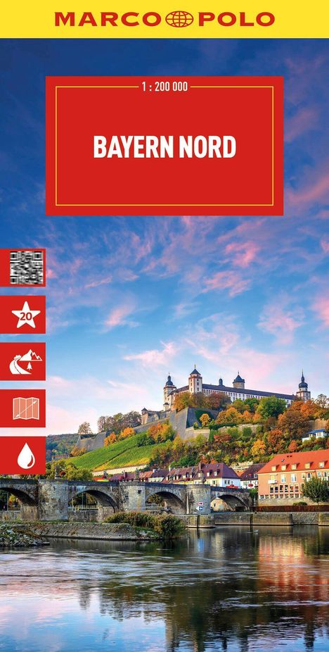 "Bayern Nord" 1:200 000. Logo mit gelbem Text: "MARCO POLO". Bild einer Burg über einer Brücke im Herbst.