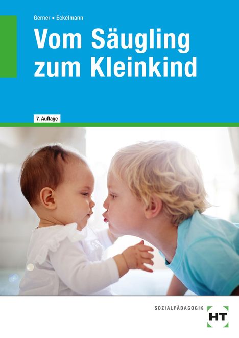 Text: "Vom Säugling zum Kleinkind." Ein kleines Kind macht ein Küsschen-Gesicht vor einem Baby. Logo unten rechts.