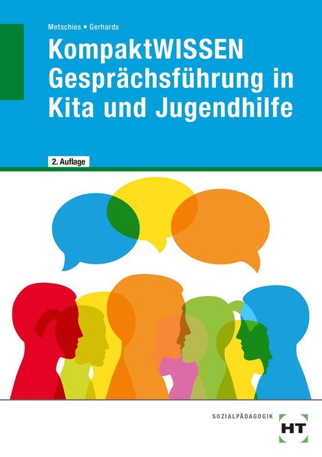 „KompaktWISSEN: Gesprächsführung in Kita und Jugendhilfe, 2. Auflage.“ Bunte Sprechblasen über bunten Silhouetten.