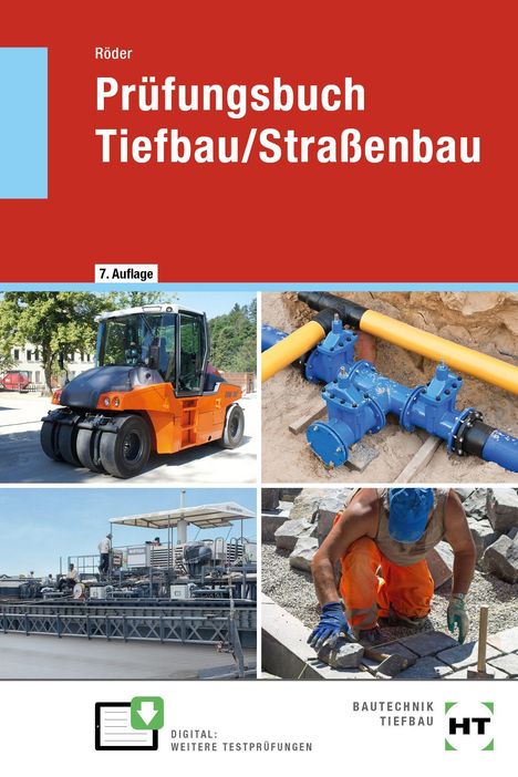 "Prüfungsbuch Tiefbau/Straßenbau, 7. Auflage." Oben rote Fläche mit weißem Text. Darunter Bauausrüstungen und Arbeiten.
