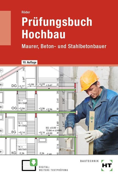 "Prüfungsbuch Hochbau" steht oben. Baupläne links, ein Bauarbeiter in gelber Schutzkleidung rechts.