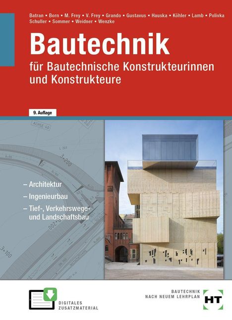 Text: "Bautechnik für Bautechnische Konstrukteurinnen und Konstrukteure." Ein moderner Gebäudekomplex.