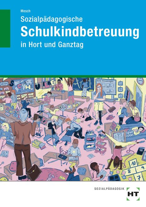 Illustration einer lebhaften Klassenzimmerszene mit Kindern, die basteln, lesen, spielen und miteinander interagieren.