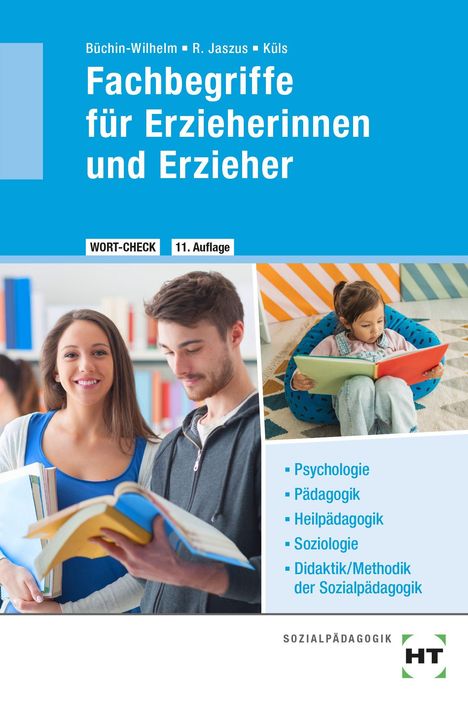 Buchtitel: „Fachbegriffe für Erzieherinnen und Erzieher.“ Zwei Erwachsene lesen, ein Kind sitzt auf einem Sitzsack und liest.