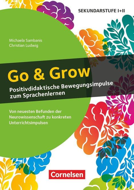 Sekundarstufe I+II. Go & Grow, Positivdidaktische Bewegungsimpulse, Bunter Hintergrund mit stilisierten Gehirnen.