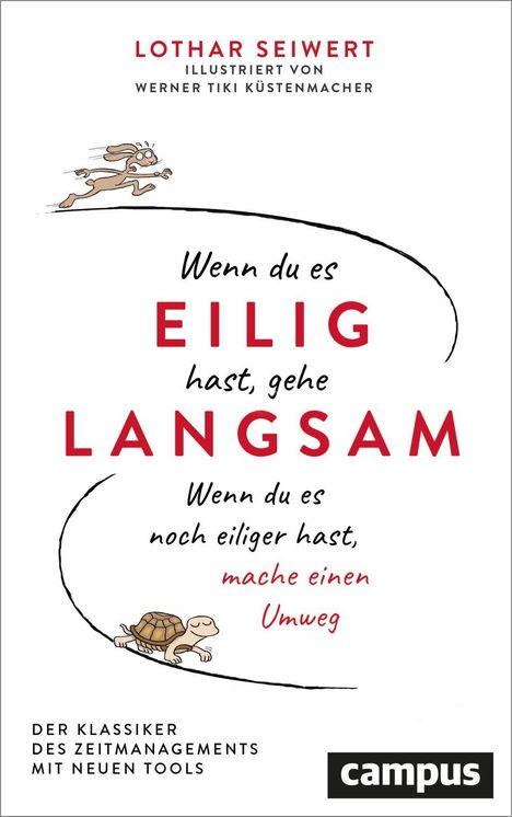 "Wenn du es EILIG hast, gehe LANGSAM" in großen Buchstaben, darunter eine zeichnende Schildkröte und ein laufender Hase.