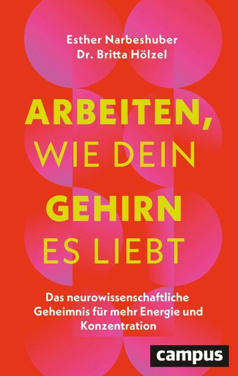 "Arbeiten, wie dein Gehirn es liebt." Bunte Kreise auf rotem Hintergrund. Autoren: Esther Narbeshuber, Dr. Britta Hölzel.