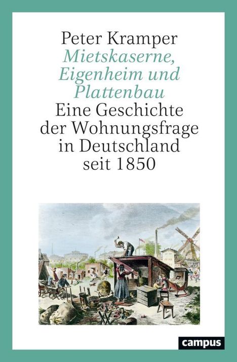 Text: "Peter Kramper Mietskaserne, Eigenheim und Plattenbau Eine Geschichte der Wohnungsfrage in Deutschland seit 1850." Unten eine historische Szene mit Windmühle.