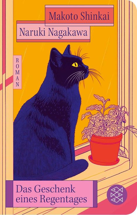 Ein schwarzer Kater sitzt auf einer Fensterbank, daneben eine Topfpflanze. Text: Makoto Shinkai, Naruki Nagakawa, Roman.