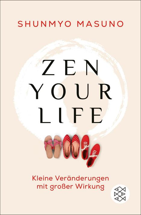 Text: "SHUNMYO MASUNO", "ZEN YOUR LIFE", "Kleine Veränderungen mit großer Wirkung"
Illustration: Vier Paar rote Schuhe.