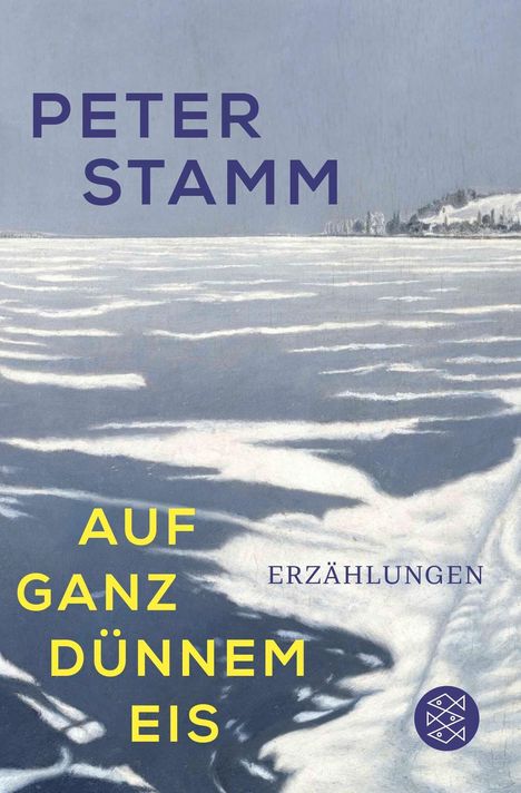 Text: "PETER STAMM", "AUF GANZ DÜNNEM EIS", "ERZÄHLUNGEN". Eine winterliche Landschaft mit Eis und entfernten Bäumen.