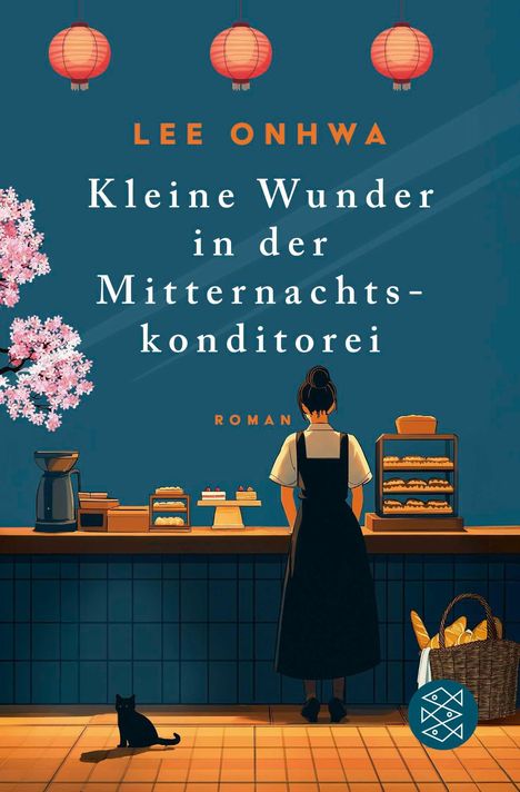 Text: "Lee Onhwa, Kleine Wunder in der Mitternachtskonditorei. Roman." Illustration: Frau in Bäckerei mit Katze, Laternen, Blumen.