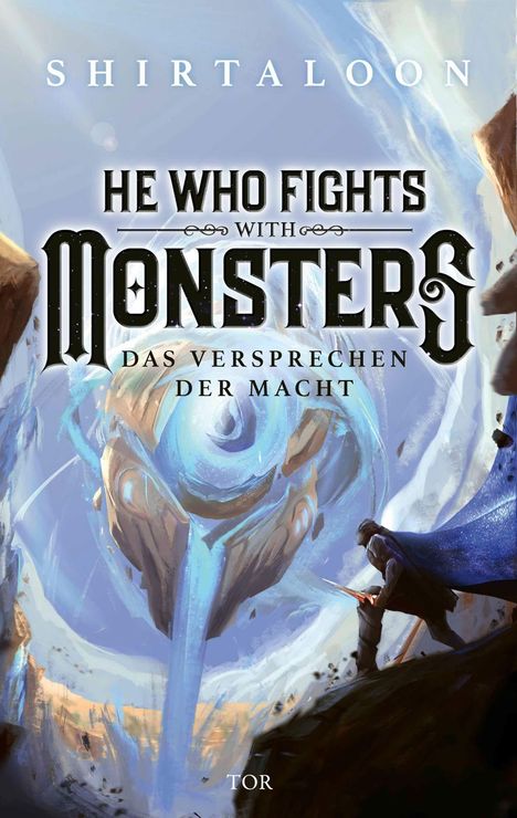 "HE WHO FIGHTS WITH MONSTERS, DAS VERSPRECHEN DER MACHT." Illustration: Krieger mit Schwert vor gewaltigem Wesen.