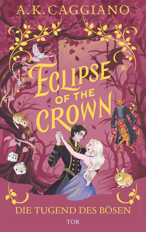 A. K. Caggiano: "Eclipse of the Crown". Illustration: Tanzendes Paar, gelbes Laub, Waldtiere, Fantasiefiguren.