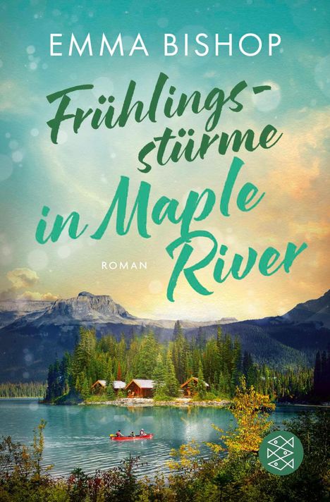 "Frühlingsstürme in Maple River" von Emma Bishop. Ein idyllischer See mit roten Kanus und Hütten, eingebettet in Berge.