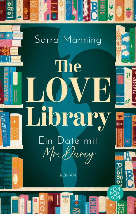 "Ein Date mit Mr. Darcy. Der Titel "The LOVE Library" von Sarra Manning. Im Hintergrund sind Bücherregale und Silhouetten zu sehen."