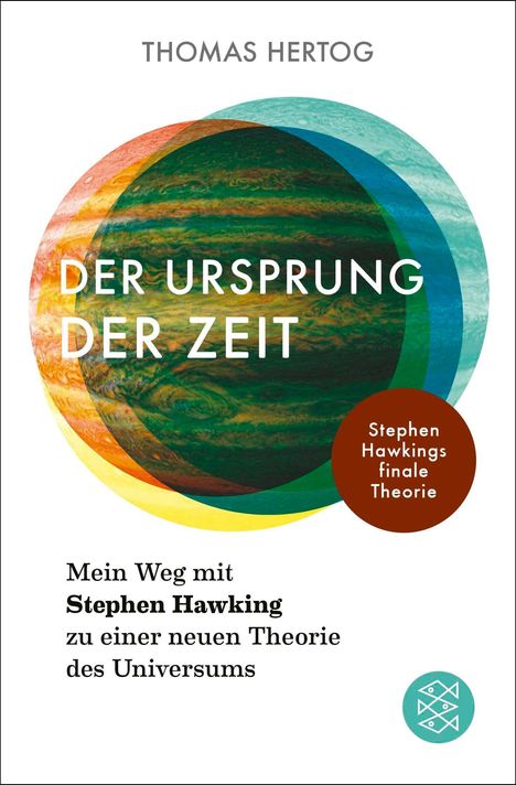 Titel: "Der Ursprung der Zeit". Kreisförmiges, buntes Design mit Texten zu Stephen Hawkings Theorie.
