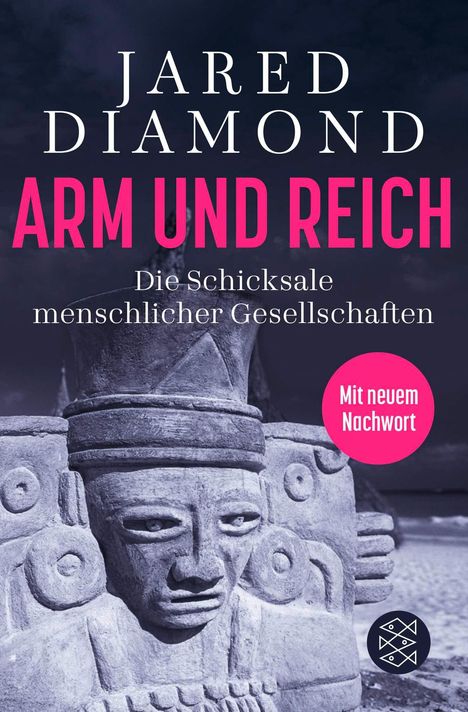 Titel: "ARM UND REICH" von Jared Diamond. Text: "Die Schicksale menschlicher Gesellschaften". Statue mit ernstem Gesicht.