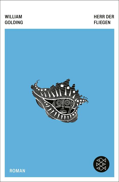 Text: William Golding, Herr der Fliegen, Roman. Illustration: Schwarz-weiße Maske auf blauem Hintergrund.
