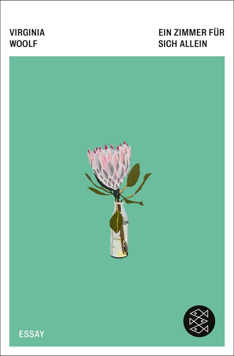 Text: "Virginia Woolf", "Ein Zimmer für sich allein", "Essay". Illustration einer Blume in einer Flasche auf grünem Hintergrund.