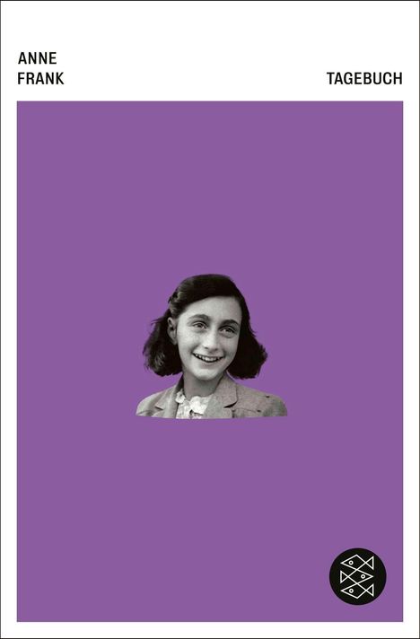 Text: "ANNE FRANK TAGEBUCH". Illustration: Ein schwarz-weißes Porträt von Anne Frank auf einem lila Hintergrund.