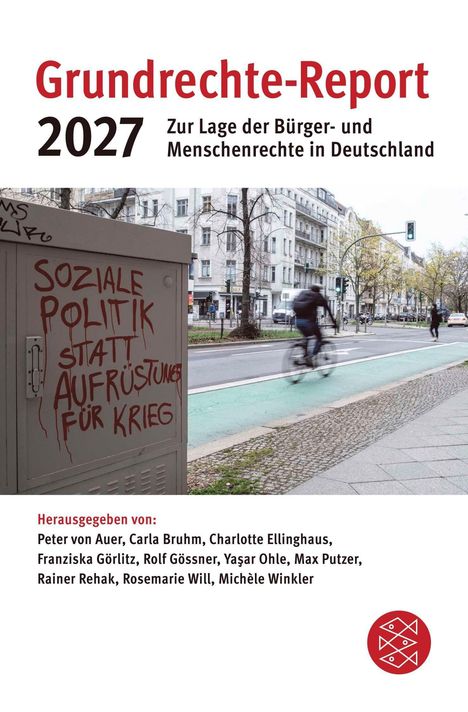 „Grundrechte-Report 2027: Soziale Politik statt Aufrüstung für Krieg“. Straße mit Radfahrer und Gebäude im Hintergrund.