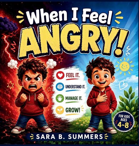 "When I Feel Angry!" in großen, bunten Buchstaben. Links wütendes Kind im Sturm, rechts fröhliches Kind mit Sonne.