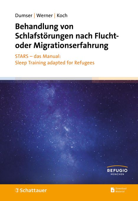 Das Cover eines Buches mit dem Titel "Behandlung von Schlafstörungen nach Flucht- oder Migrationserfahrung", darunter ein Bild des Sternenhimmels.